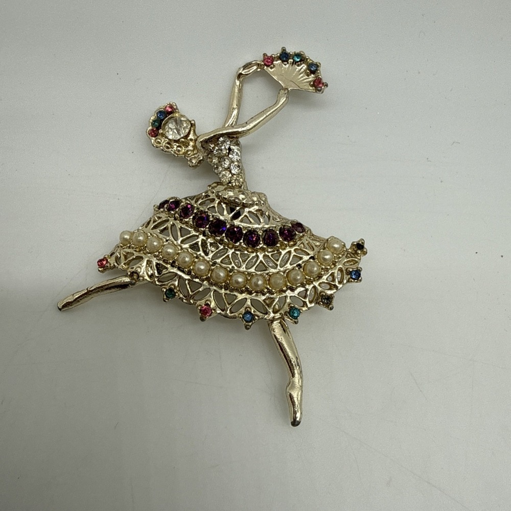 Ballerina Dancing Brooch Pin Multicolor Rhinestones